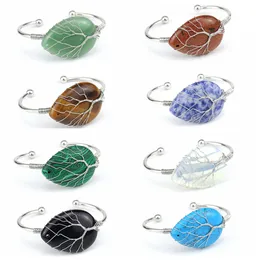 Natural Water drop Gemstone Cuff Bracelet for Women Girls Handmade Sier Wire Woven Lift of tree Healing Chakra Crystal Friendship Bangle Charms Jewelry