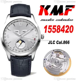 Calendário mestre KMF 1558420 A866 Automático Relógio de aço Caixa de aço Dial prateado Número de batedores Marcadores de couro Super Eiditon PureTime B02