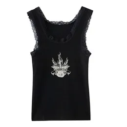 Puwd Y2K Cute Girls Drukuj Czarny Koronki Tank Lato Moda Damska Slim Bez Rękawów Krótkie Topy Vintage Kobiety Streetwear Top 220318