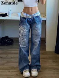 Zenaide gotiska tryck baggy jeans y2k låg stigning byxor blå vintage casual wide ben denim estetiska kvinnor last byxor svart 220526