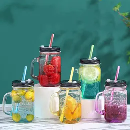 500ml Creative Gradient Color Glass Water Bottle Juice Drink Transparent with Straw Cock Cup Handle Cup Mason Cups for Adult ZC1237