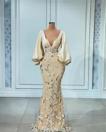 Champagne Puffy Long Sleeve Evening Dresses V-neck Stain Lace Floral Mermaid Arabic Aso Ebi Prom Reception Second Engagement Gowns