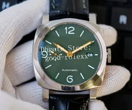 44mm Mostrador Verde Relógios Homens Relógio Mens Automático P.9001 Movimento Mecânico 1056 VS Pulseira de Couro Preto Banda Pam Firenze VSF Safira Auto Data Relógios de Pulso de Aço