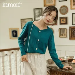 Inman Autumn Arrival Pullover Pure Color Single Breasted V Neck Long Sleeve Gentle Sweater 201225
