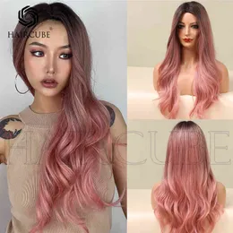 Wind wig top dyed black gradient Pink Medium Length curly hair high temperature silk material daily application 220527