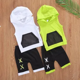 Kläder sätter baby pojkar 1t-5t lapptäcke ärmlös väst huva toppar shorts outfits kläder case söt spädbarn bomullsutrymme
