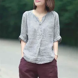 Johnature kvinnor randiga skjortor sommar batwing hylsa casual blusar linne japansk blus lös vintage enkel topp 210401