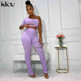 Kliou donna manica singola scava fuori crop top tuta fitness leggings impilati solido elastico alto due pezzi vestito skinny 210331