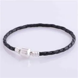 Genuine 925 Sterling Silver Charms Pulseira Pulseira de Couro Preto para Mulheres DIY Jóias fazendo Pulseras Atacado PL001