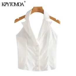 KPYTOMOA Frauen Chic Mode Buttonup Gestellte Blusen Vintage Kerb Kragen Backless Weibliche Shirts Blusas Chic Tops 210401