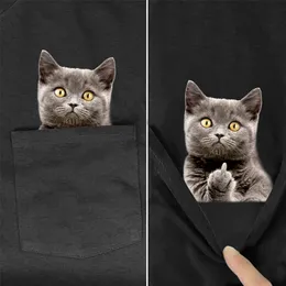 Camiseta de algodón de marca de moda, camiseta con estampado 3D de dedo medio de gato de bolsillo, camisetas para hombres, camisetas negras de Hip Hop, camisetas divertidas de Harajuku 220420