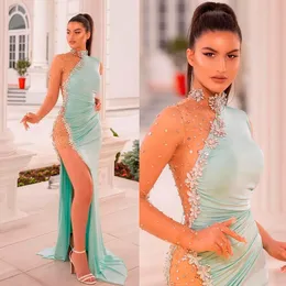 Vestidos de noite de noite de dubai sexy luxuosos altos visto por meio de sereia baile de baile apliquei vestidos de festa formal