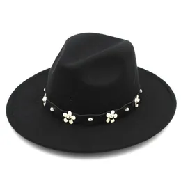 Berets Mistdawn Ladies Women Wool Blend Panama Hats Wide Brim Fedora Trilby Caps Party Hat Acrylic Flowers Leather Bandberets Beretsber