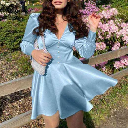 Celmia 2022 Women Satin V Neck Mini Dress Fashion Lantern Long Sleeve High Waist Solid Color Dress Elegant Casual Swing Vestidos Y220401