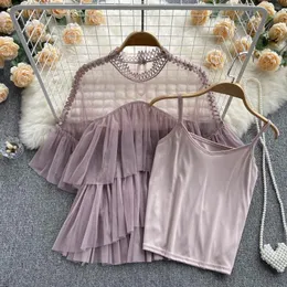 Kvinnors blusar skjortor kvinnor eleganta mode kvinnliga spetsar se genom topp casual mesh tulle skiktade ruffles kort ärm rund hals smal fi