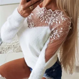 Autumn Winter Women Elegant Solid Color Sweaters Sexiga Off Shoulder Lace Pullovers Topps Ladies Casual Long Sleeve Knitwear 201225