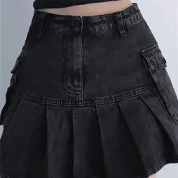 Allneon Mall Goth Y2KハイウエストジャンスカートEgirl Aesthetics Black Denim Pleated Skirts Big Pockets Grunge Punk Outfits 220701