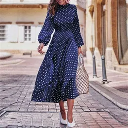 Cvyataya Boho Fener Uzun Kollu Polka Dot Baskı Midi Elbise Kadınlar Zarif Vintage Stand Yakası Bölünmüş Sonbahar Çöp Femme 220613