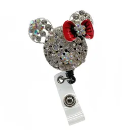 Cute Cartoon Rhinestone Crystal Mouse Head Retractable ID Badge Reel Holder With Alligator Clip For Nurse Student Staff