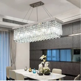 Luxury Chrome Chandelier Lighting for Dining Room Modern Rectangle Kitchen Island Led Crystal Lustre Gold Hanging Lamp Fixture