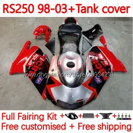 Fairings +Tank cover For Aprilia RSV250RR RS-250 RSV250 RS RSV 250 RSV-250 98-03 159No.0 RS250 RR 1998 1999 2000 2001 2002 2003 RS250R 98 99 00 01 02 03 Bodys Red Silvery