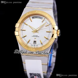 38mm Classic Day-Date A8500 Automatic Mens Watch Two Tone Yellow Gold Silver Dial Stick Markers Stainless Steel Bracelet 123.10.38.22.01.001 Puretime G40Sb2