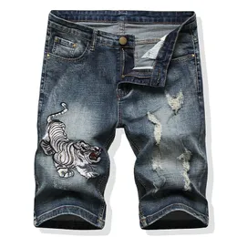 Sommar avslappnad retro blå stretch mäns shorts tiger broderade korta byxor rippade streetwear pantalones cortos de hombre