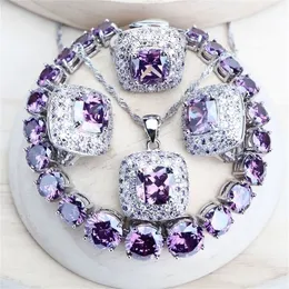 Lila Zirkonia Damen Brautschmuck Sets Silber 925 Feiner Modeschmuck Hochzeit Ohrringe Ringe Armbänder Anhänger Halskette 220808