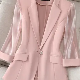 Thin Pink Suit Womens Spring and Summer Korean Fashion Slim Three Quarter Sleeves Casual Jacket Lady Office Blazer 220811