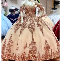 Sexig Rose Gold Sequined Quinceanera bollklänning klänningar älskling paljetter spetsapplikationer kristall tyll söt 16 korsett bakparti prom afton klänningar