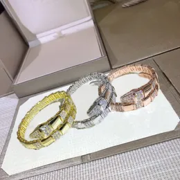 Модные женские латунные позолоченные 18-каратные браслеты с одним кругом, гладкие разнесенные бриллианты в форме змеи, эластичные широко открытые браслеты