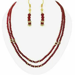 인도 패션 보석 파티 착용 신부 2 줄 빨간 구슬 목걸이 귀걸이 세트