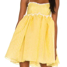 2022 Princess Yellow Checkred Plaid Print Ball Gown Sling Organza Dress Women Spliced Lace Swing Mini Fairy Robe Vestidos 220511