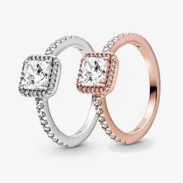 100% 925 Sterling Silver Square Blask Halo Pierścień dla kobiet Obrączki Moda Biżuteria Akcesoria