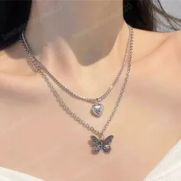 Boho Cute Butterfly Peach Heart Pendant Necklace Women 2022 Luxury Shiny Crystal Clavicle Necklaces Girls Fashion Jewelry
