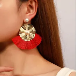 Dangle Chandelier Bohemian Big Tassel Pearl Drop Earrings 2022 여성면 실크 직물 빨간 웨딩 여성 보석