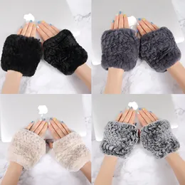 Rex Rabbit Fur Winter Women Leather Gloves Mittens二重織りハイストレッチ