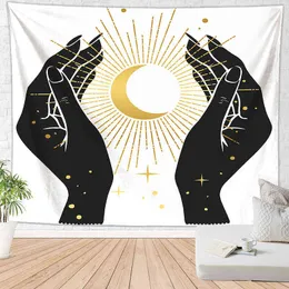 Czarno -biały hipis trippy dywan wisząca słoneczna ręka Ouija astrologia boho mandala ściana dekoracje Indie Witchcraft Tapiz J220804