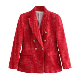 Ternos femininos Blazers Mulheres Red Tweed Tweed Texturizou Blazer Duplo Blazer Vintage Colo