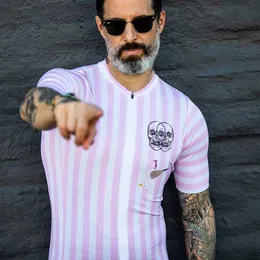 サイクリングジャージーセットThe Pain The Pain Men S Summer Summer Jersey Shiptleve Bike Shirts Pink Stripes自転車衣料チームロードトップスMaillot 220725 230823