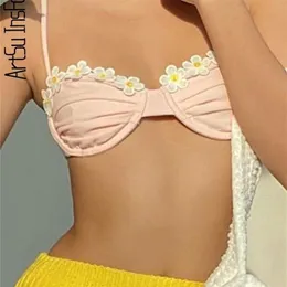 Kwiatowy Cute Topy Bralette Tank Lato Sweet Off Ramię Backless Kamizelka Plaża Różowa Bez Ramiączek Crop Corset Sexy Cami 220325