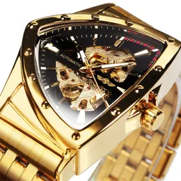 WINNER Triangle Skeleton Gold Black Watch for Men Orologio da polso meccanico automatico Cinturino in acciaio inossidabile di lusso irregolare relogio 220622