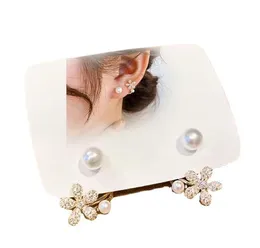 Två sätt att bära plätering 14K Gold Crystal Daisy Ear Studs Natural Freshwater Pearl Earrings White Lady/Girl Fashion Wedding Jewelry