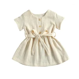 Girl's Dresses 2022 0-4Y Summer Holiday Kids Baby Girls Dress Colid Color Short Sleeve Bottum A-line With Belt Cotton Linen Clothes