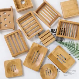 Soap Dish Holder Wooden Natural Bamboo Soap Dishes Simple Bamboo Soap Holder Rack Plate Tray Round Square Case Container GG020