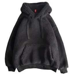 Fashion Black Lamb Cashmere Autumn Winter Coat pojkvän Hoody Loose Pocket Plus Velvet Thick Drawstring Women Sweatshirt 220816