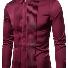 Męskie koszulki smokingowe przednia plisowana solidna sukienka Slim Fit z długim rękawem Bluzka Dżentelmen Groomsman Party Wedding Tops Black Red White 220401