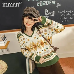 INMAN Autumn Winter Przyjazd Vintage Sweter Retro V-Neck luźne długie rękawowe pullover 201203