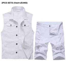 Summer Tracksuits Ripped Hole Men's Vest and Shorts 2 Piece Sets White Slim-fit Denim Waistcoat + Stretch Short Jeans Conjuntos de hombres