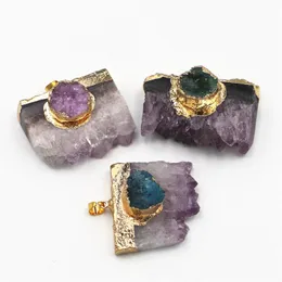 Naszyjniki wisiewa biżuteria Kamień naturalny Ametysts plaster Druzys Agates Purple Crystal kwarc Naszyjnik męski Sur Slab Geode Women 6pcs